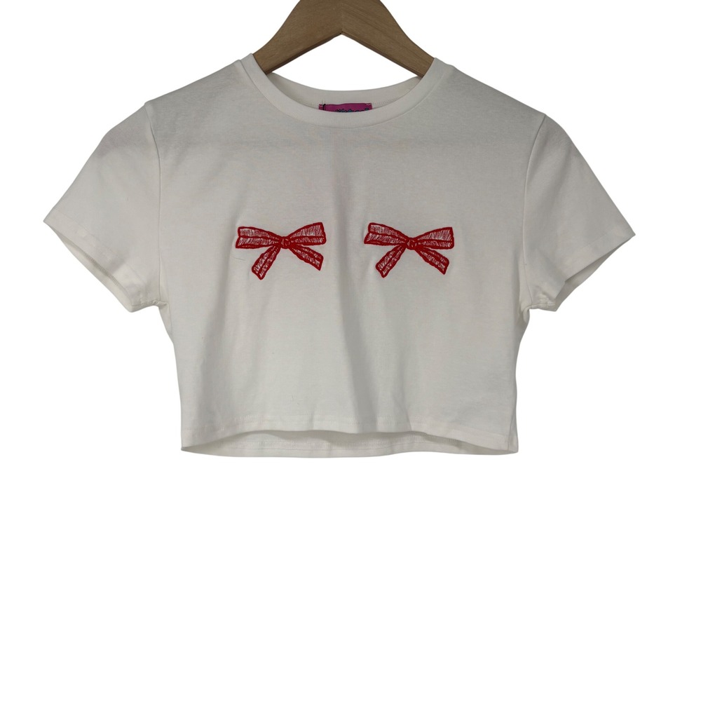 Edikted White Red Bow Embroidered Cropped Baby Tee M Twee Kawaii Coquette